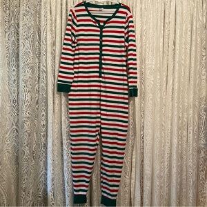 Old Navy adult one piece pajamas. Christmas candy cane striped.